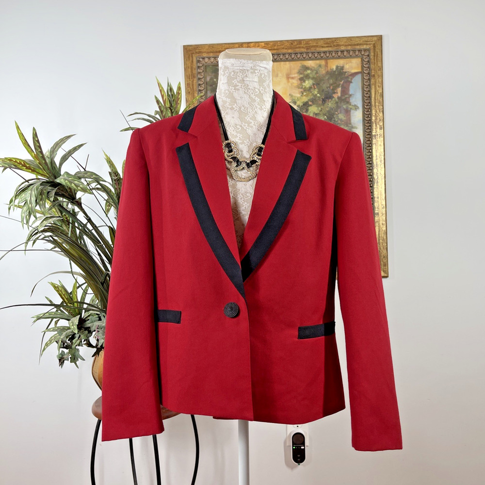 Vintage Joyce Sportswear Womens Blazer Size 12 Red Black Trim Wool USA Career - Picture 1 of 9